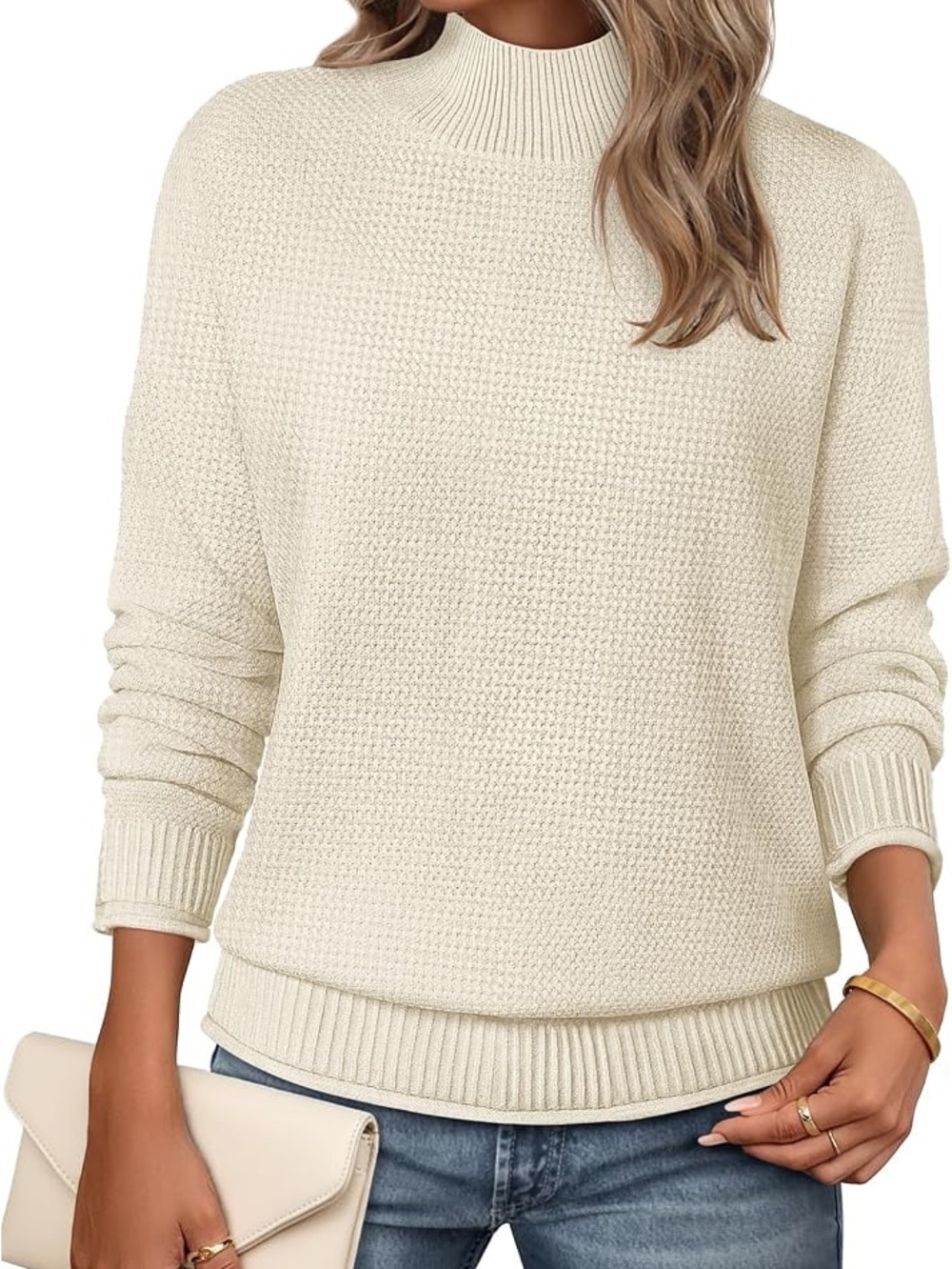 MEROKEETY Ivory Textured Mock Neck Oversized Sweater XL